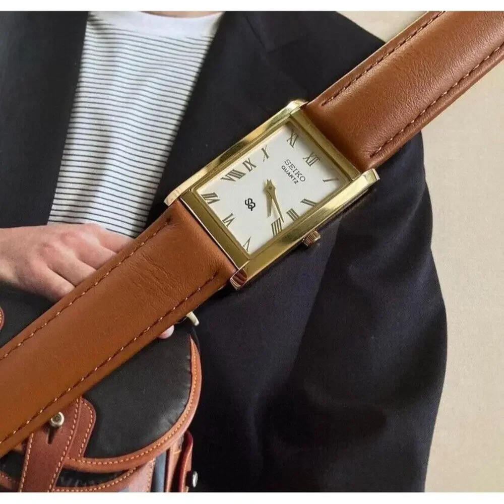 Vintage Style Seiko Quartz Mens Gold Watch & White accents W/ Leather Strap